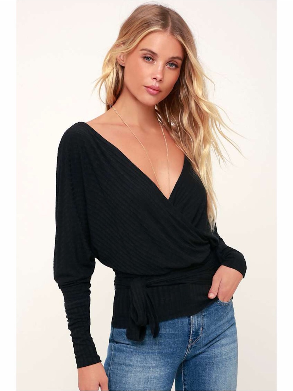 Free People We the Free East Coast Black Long Sleeve Wrap Top XS